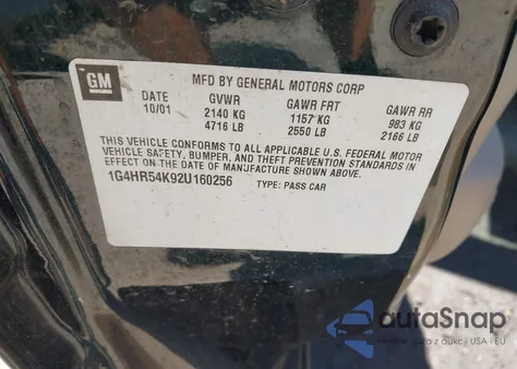 2002 Buick Lesabre Limited z USA, uszkodzony, nr VIN 1G4HR54K92U160256